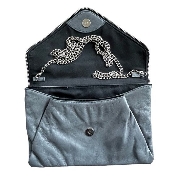 Halogen Envelope Clutch Purse Gray Leather‎ Zipper Trim Edgy Retro Glam Designer - Picture 5 of 14